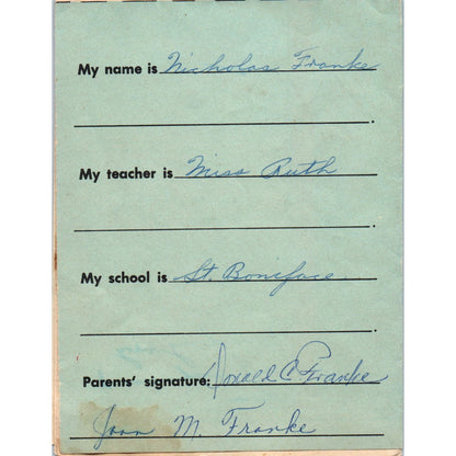 1968 Kindergarten Child's Progress Report St. Boniface Nicholas Franke AB9