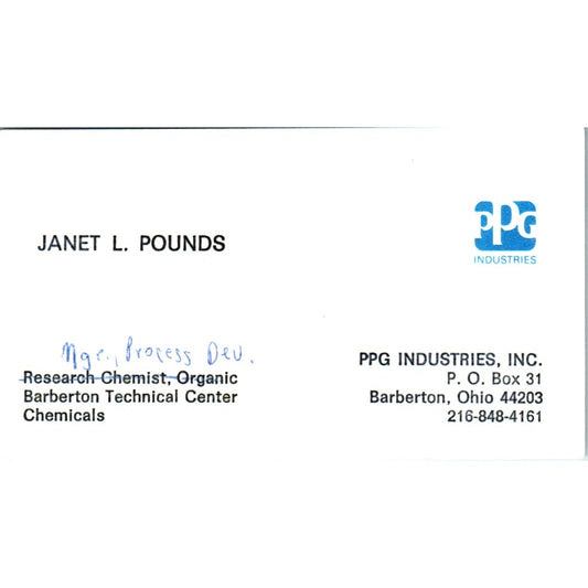 Janet L Pounds PPG Industries Barberton OH Vintage Business Card SE3-B10