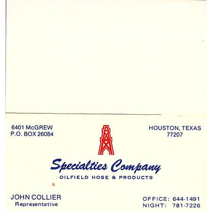 Specialties Company Products John Collier Houston TX Business Card SSB4-B13