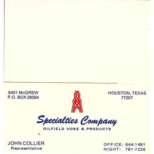Specialties Company Products John Collier Houston TX Business Card SSB4-B13