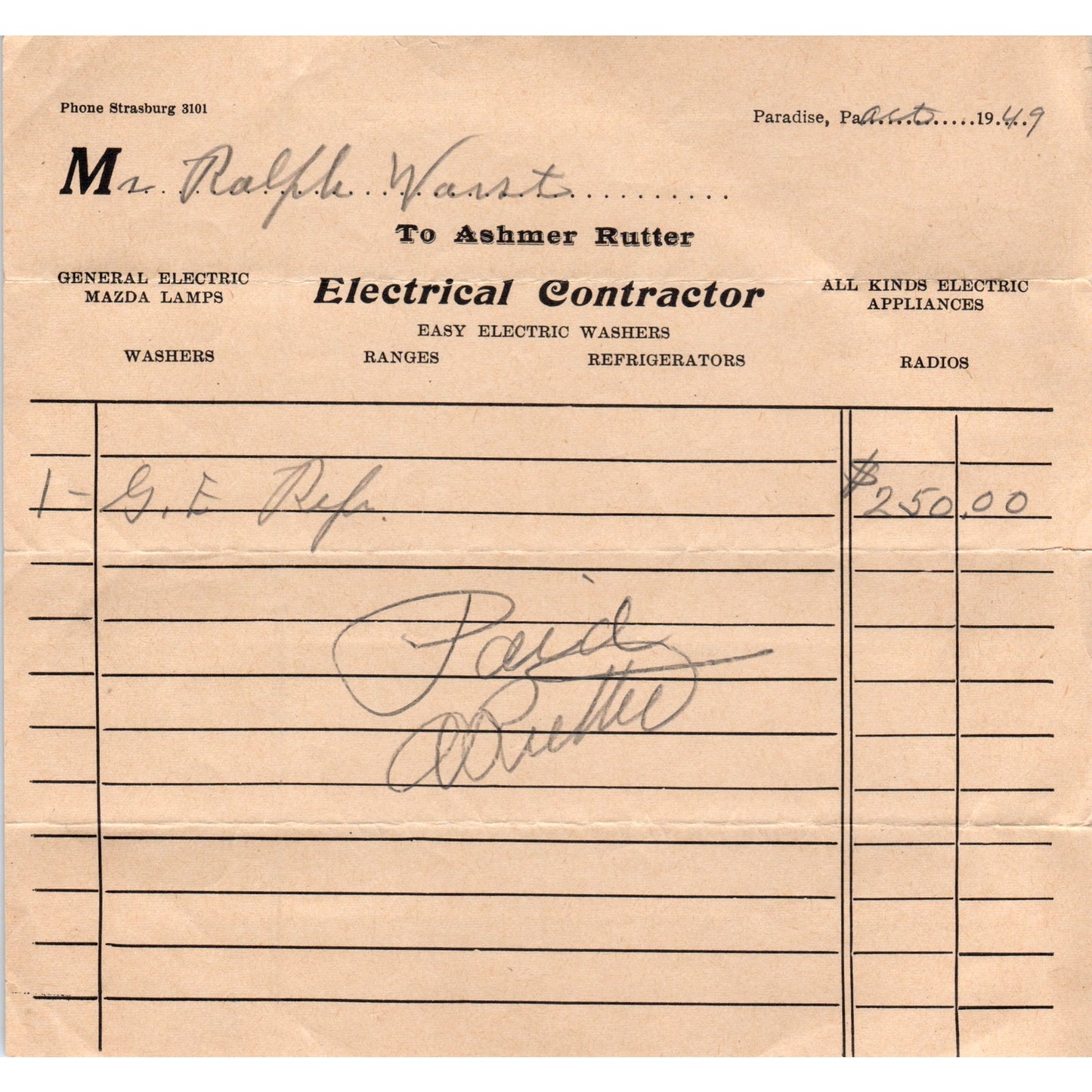 1949 Ashmer Rutter Electrical Contractor Paradise PA Billhead Receipt D21