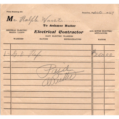 1949 Ashmer Rutter Electrical Contractor Paradise PA Billhead Receipt D21