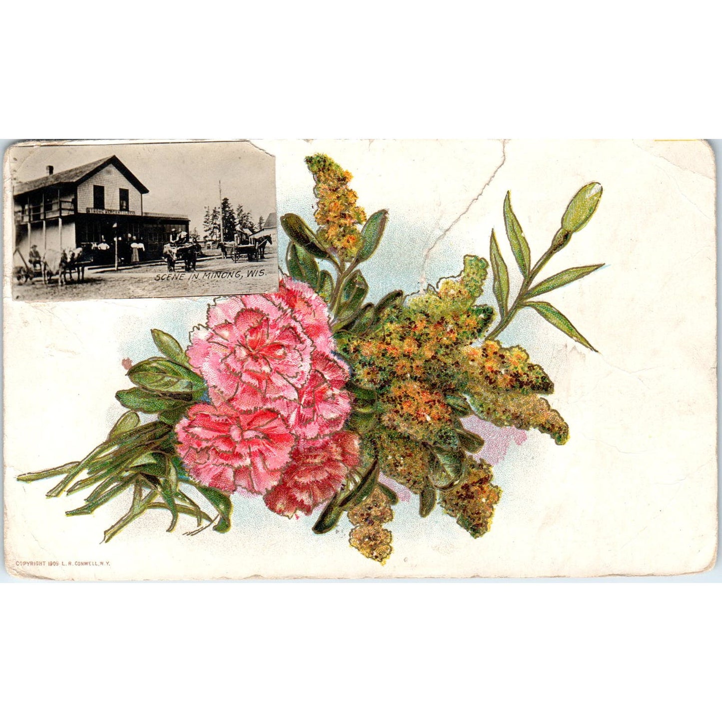 1910 Floral With Scene From Minong Wisconsin Attached Antique RPPC Postcard AE2