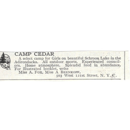 Camp Cedar New York NY Miss A. Fox Miss A. Bernkopf c1920 Harper's Ad AG4-S7