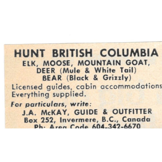Hunt British Columbia J.A. McCay Guide BC Canada 1977 Ad AF6-S1