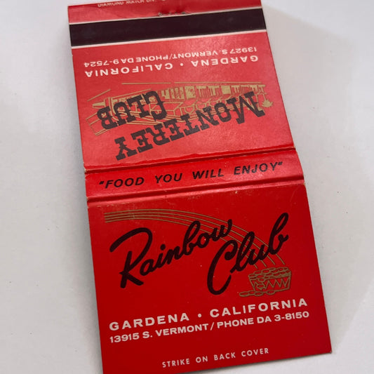 Rainbow Club, Monterey Club Gardena CA Vintage Matchbook Cover TB8-MB-13