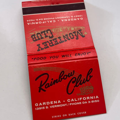 Rainbow Club, Monterey Club Gardena CA Vintage Matchbook Cover MM3-3