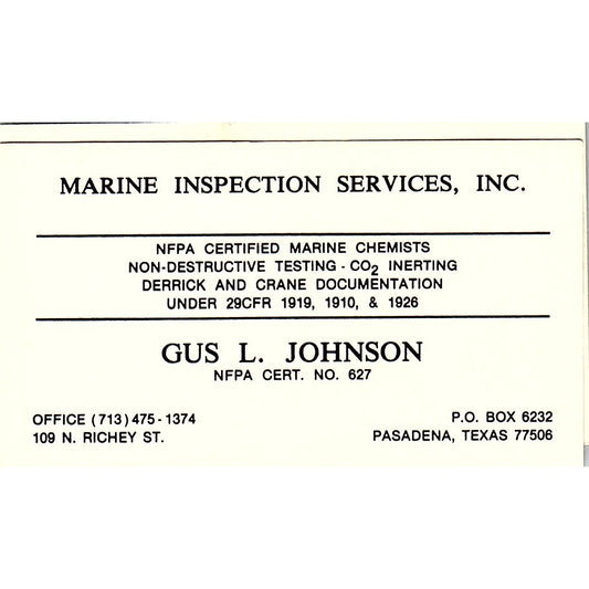 Gus L Johnson Marine Inspection Services Pasadena TX Vtg Business Card SC9-B4