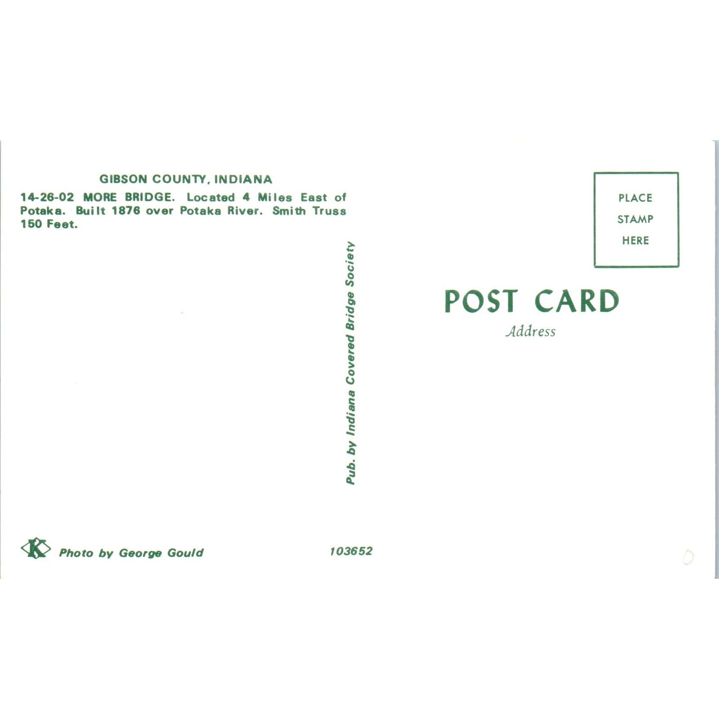 Gibson County More Bridge Potaka River IN Vintage Covered Bridge Postcard PC14