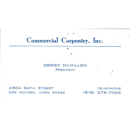 Dewey McMillen Commercial Carpentry Des Moines IA Vintage Business Card SD8-B4