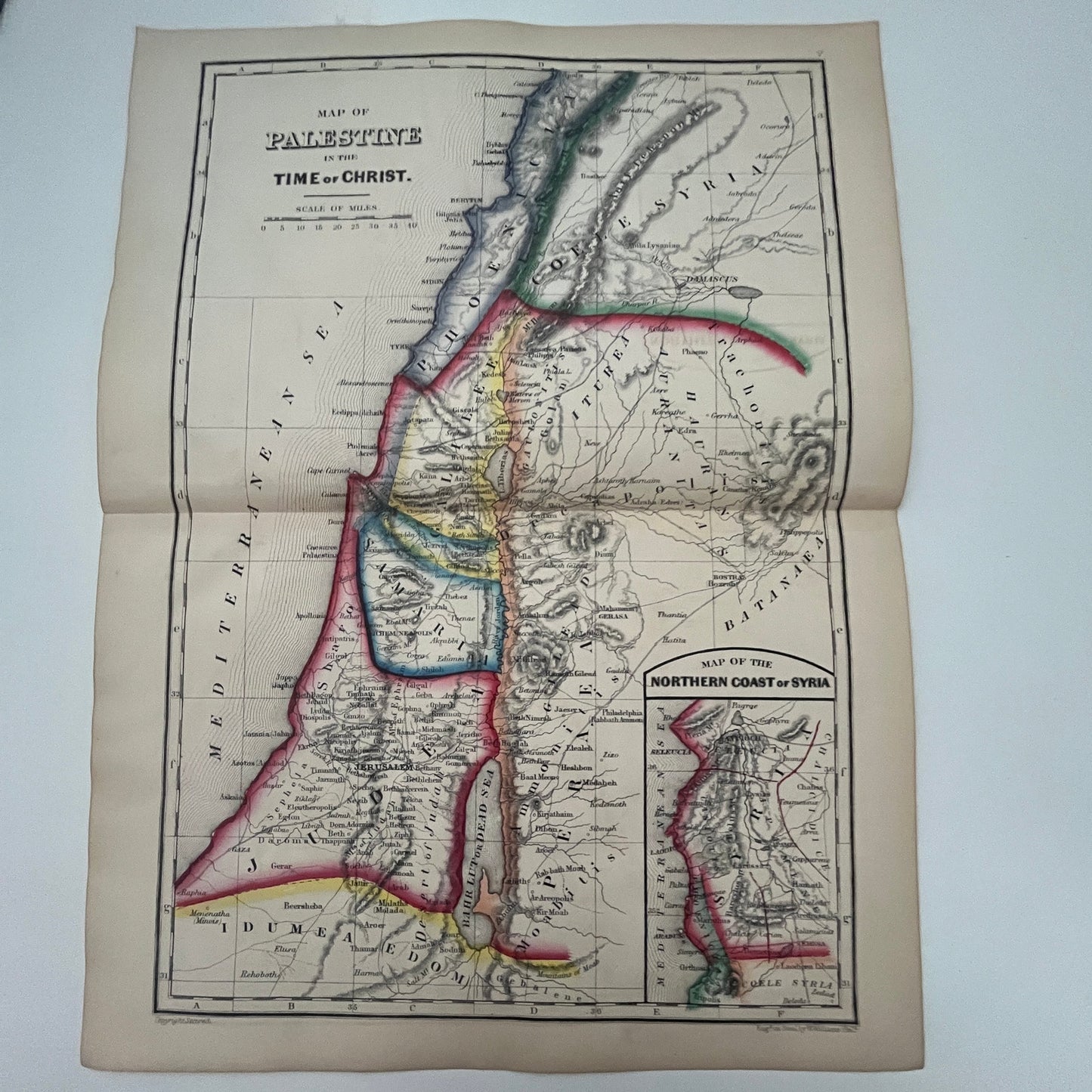 1864 Original Map of Palestine in Time of Christ Fold Out Tinted Engraving AJ6-2