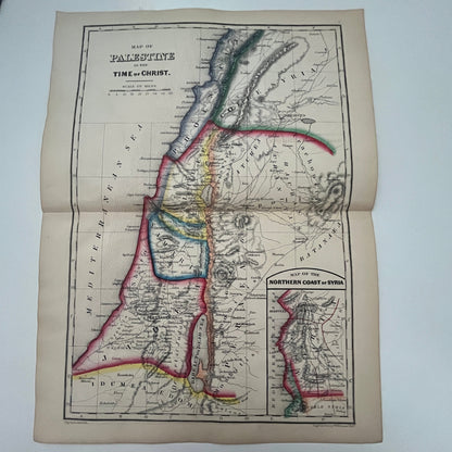 1864 Original Map of Palestine in Time of Christ Fold Out Tinted Engraving AJ6-2