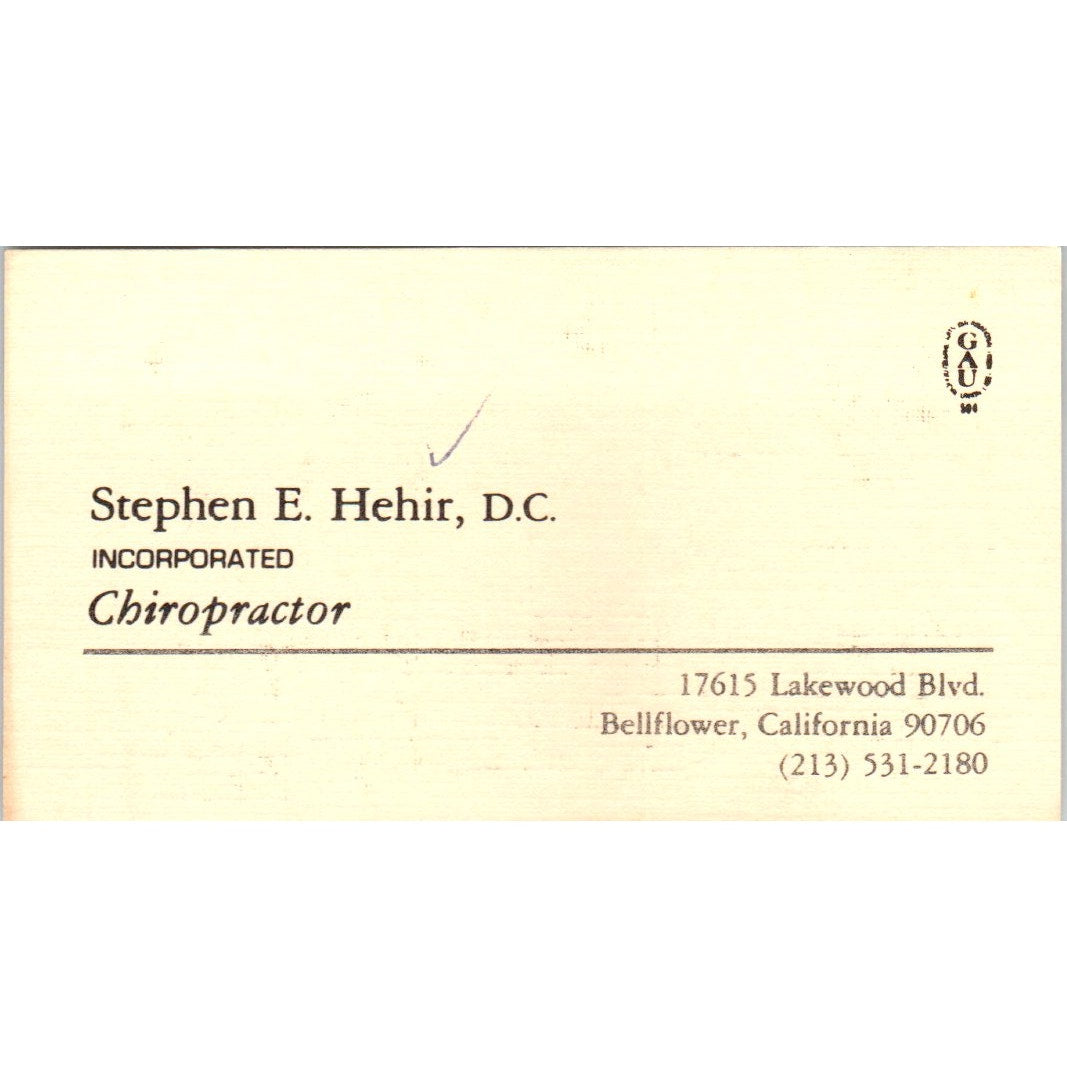 Stephen E. Hehir D.C. Chiropractor Bellflower CA Vintage Business Card SE3-B7