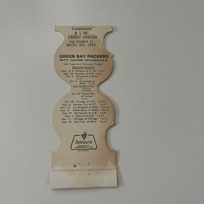 Green Bay Packers NFL B.I.W. Credit Union 1977 Schedule Vintage Matchbook SC4-R8