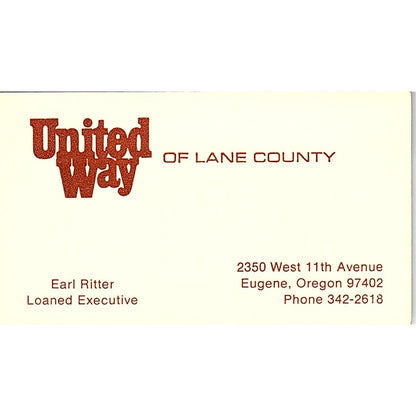 United Way Of Lane County Earl Ritter Eugene Oregon Vintage Business Card SB4-B2
