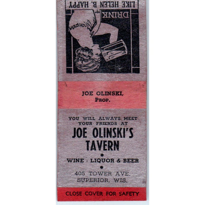 Joe Olinski's Tavern Superior WI Vintage Matchbook Cover SF4-Y5