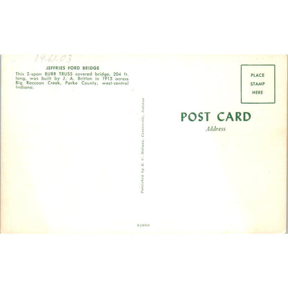 Jeffries Ford Bridge Parke County IN Vintage Covered Bridge Postcard PD1