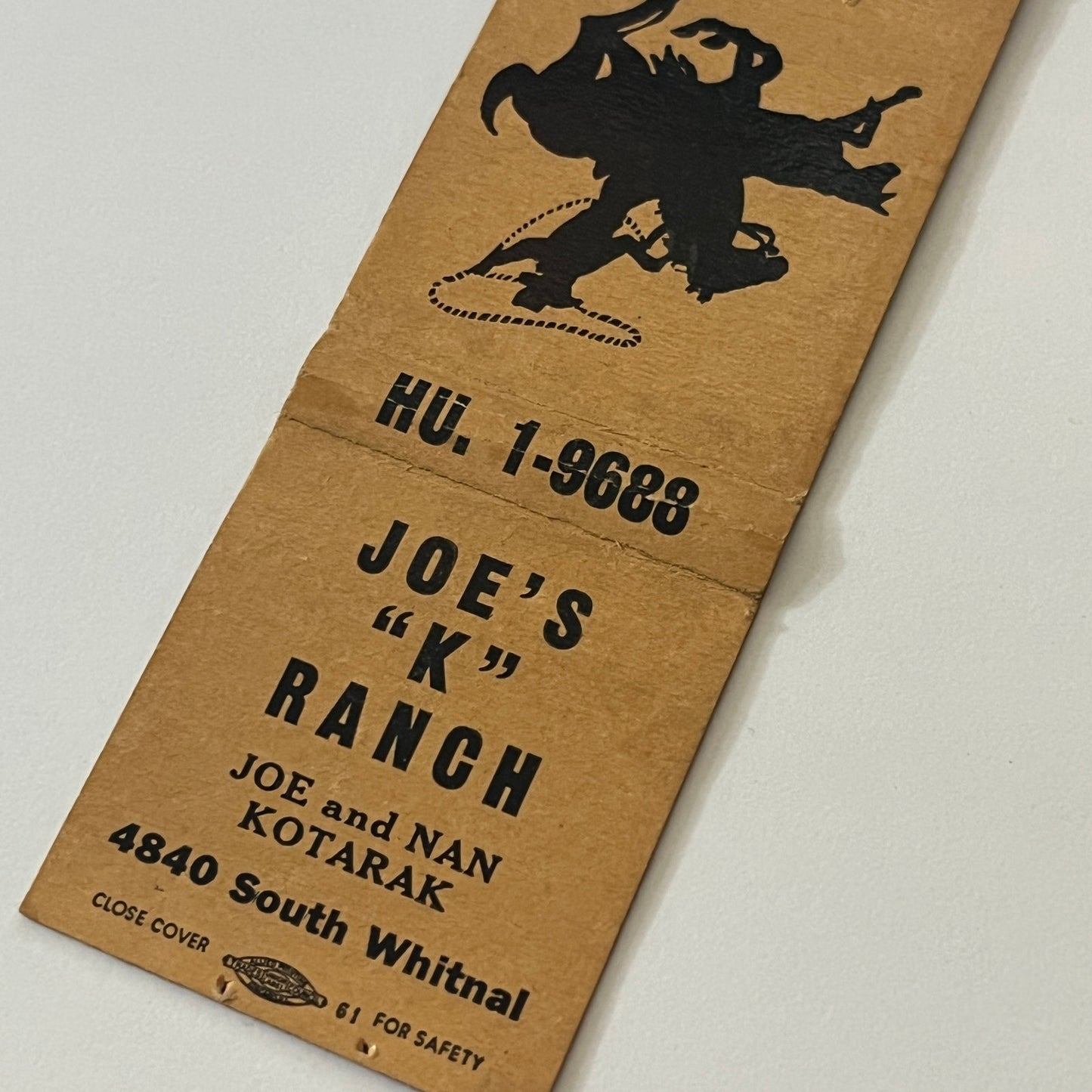 Joe's K Ranch Joe and Nan Kotarak 4840 South Whitnal Vintage Matchbook TB6-MB2-6