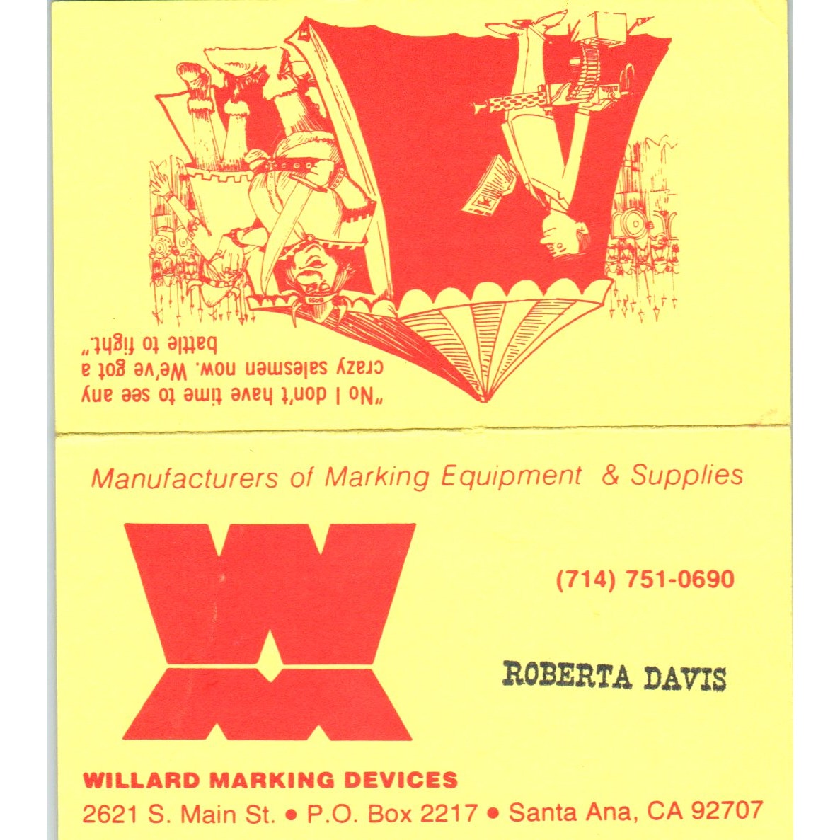 Roberta Davis Willard Marking Devices Santa Ana CA Vintage Business Card SE3-B4
