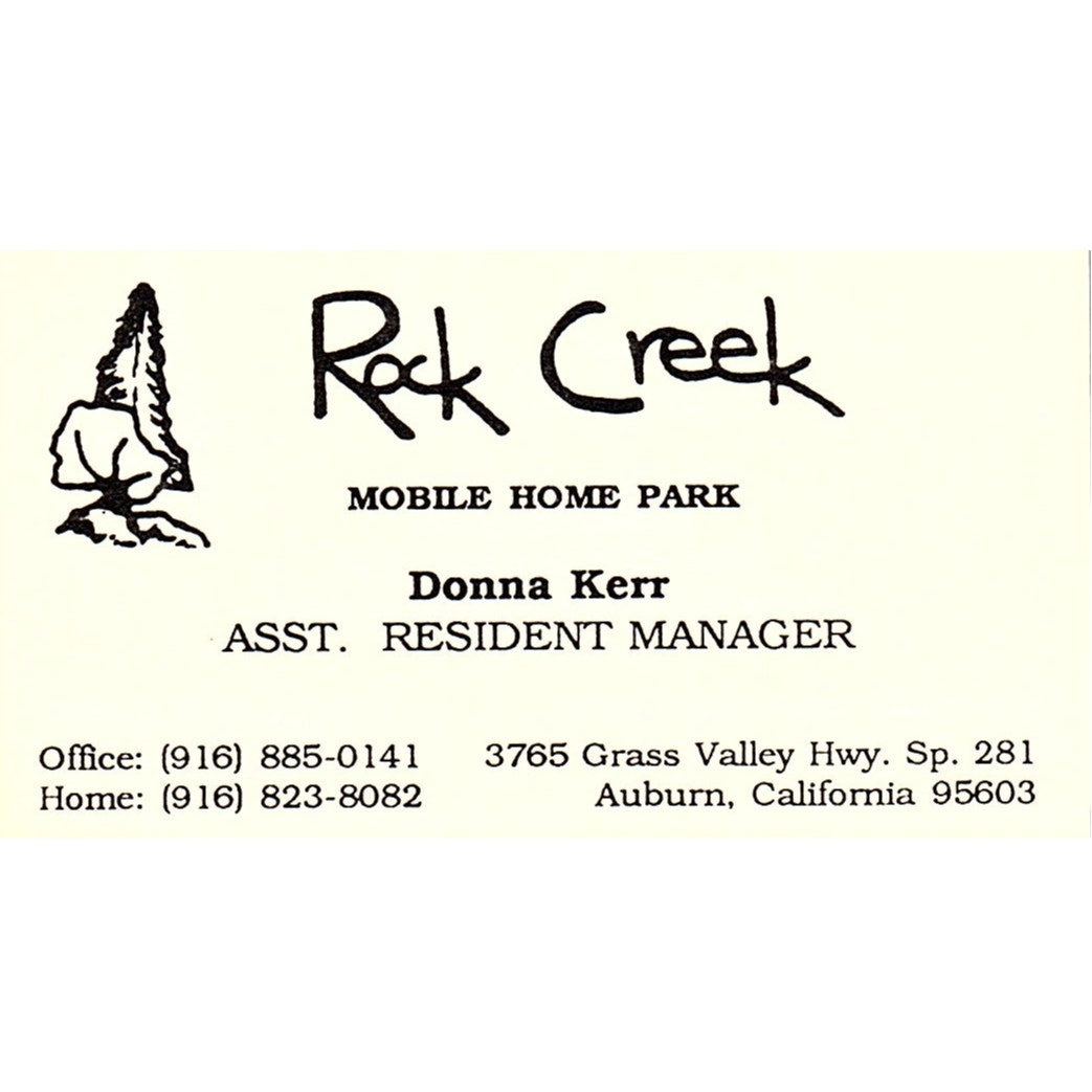 Rock Creek Mobile Home Park Donna Kerr Auburn CA Vintage Business Card SC9-B1
