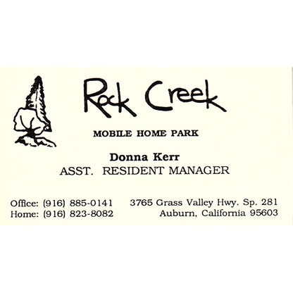 Rock Creek Mobile Home Park Donna Kerr Auburn CA Vintage Business Card SC9-B1