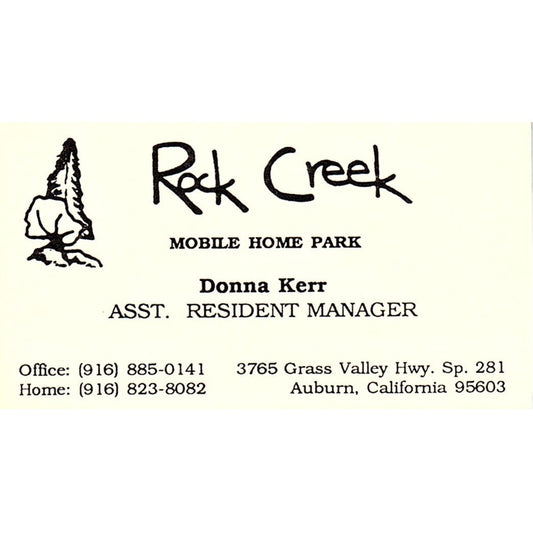 Rock Creek Mobile Home Park Donna Kerr Auburn CA Vintage Business Card SC9-B1
