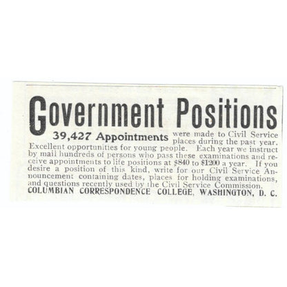 Government Jobs Columbian Correspondence College c1905 Advertisement AE7-SA1