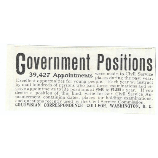 Government Jobs Columbian Correspondence College c1905 Advertisement AE7-SA1