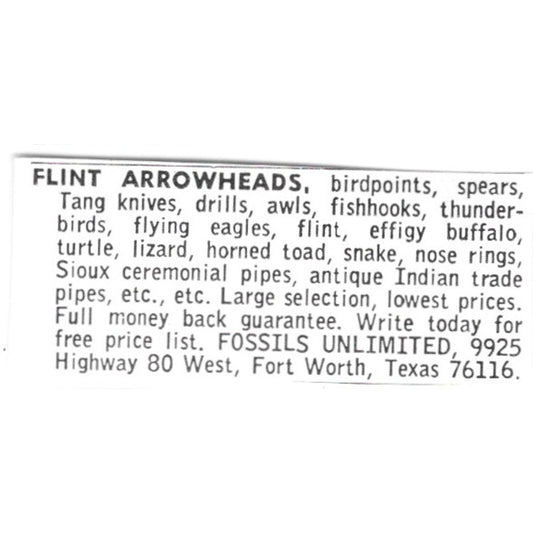 Fossils Unlimited Flint Arrowheads Fort Worth TX 1972 Ad AF8-S20