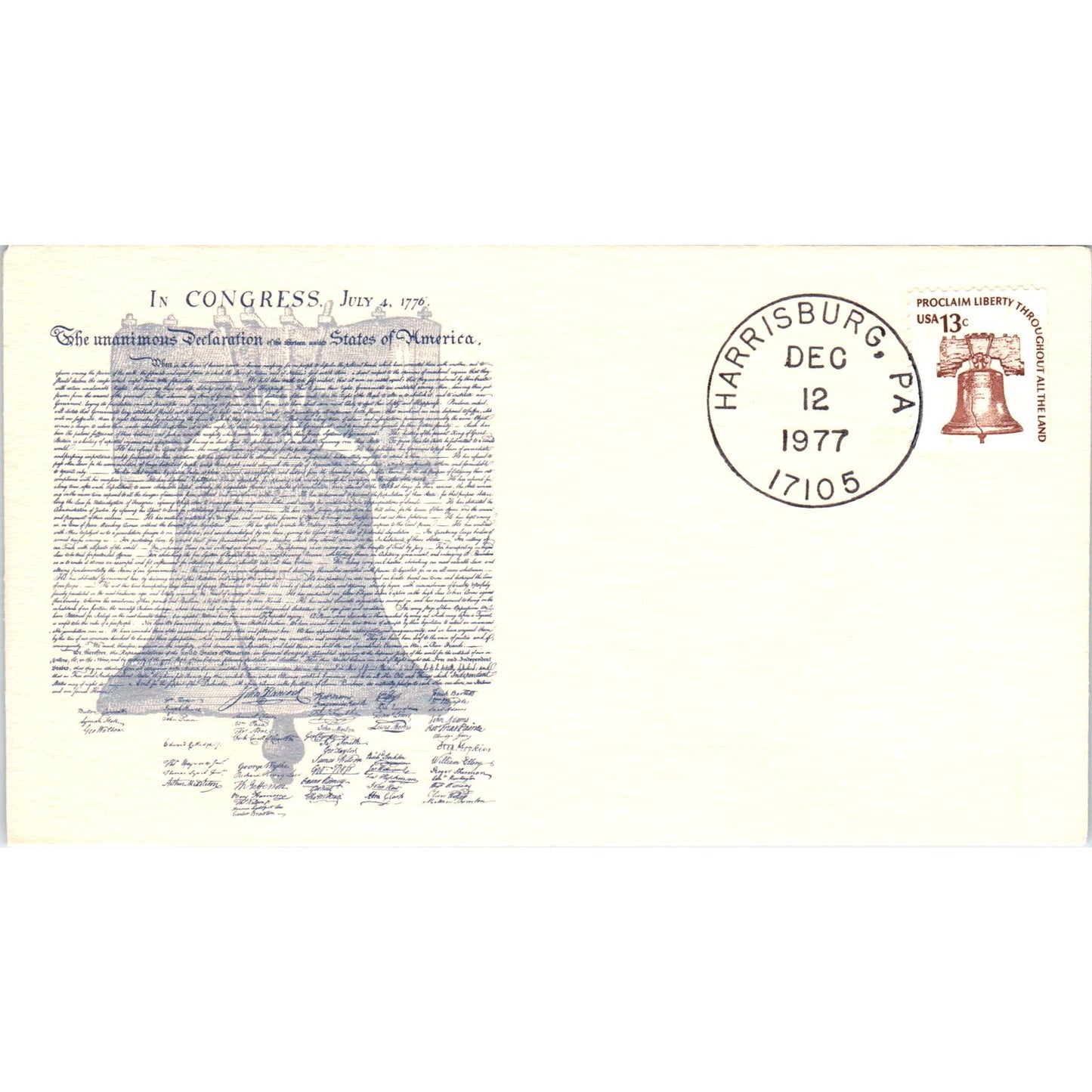 1977 Declaration of Independence Liberty Bell Harrisburg PA Postal Cover TI5-PC1