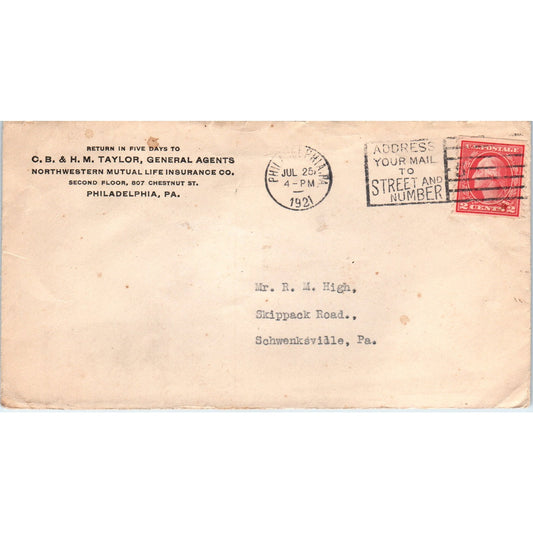 1921 C.B. & H.M, Taylor Philadelphia to R.M. High Schwenksville Envelope TG7-PC1