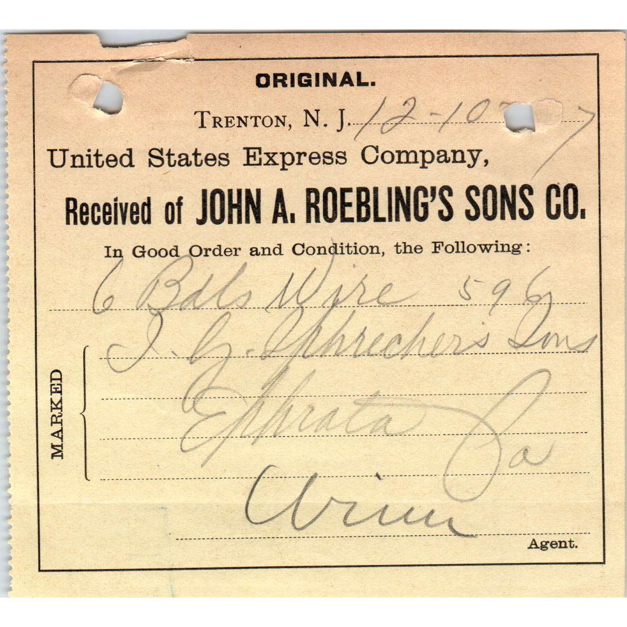 1907 John A. Roebling's Sons Co Trenton NJ US Express Co Receipt D11