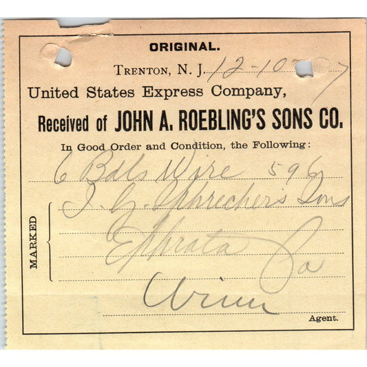 1907 John A. Roebling's Sons Co Trenton NJ US Express Co Receipt D11