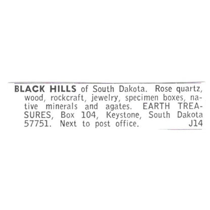 Earth Treasures Lapidary Supply Black Hills Keystone SD 1972 Ad AF8-S23