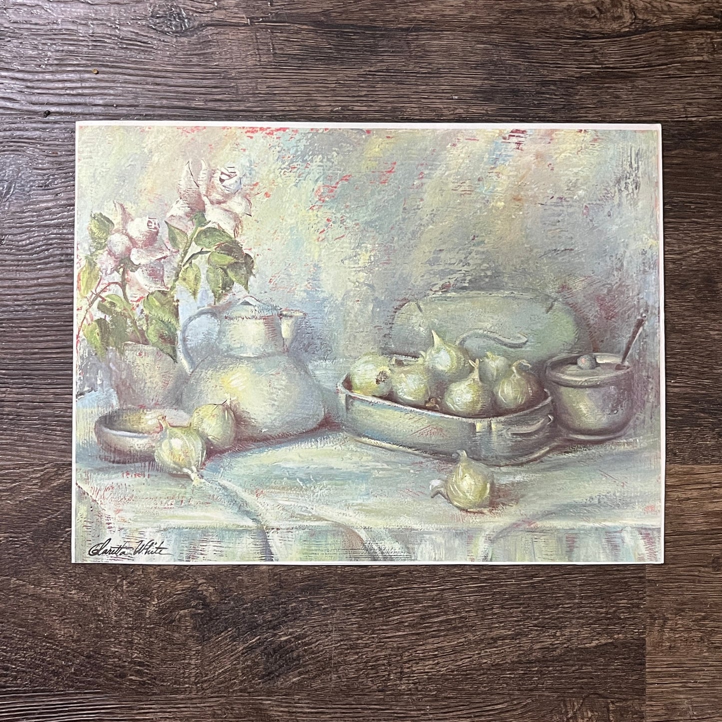 Claretta White Still Life Onions Table Vintage Lithograph Art Print 9x12 V10