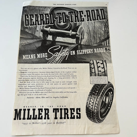 Miller Tires Geared to the Road Akron OH 1937 Ad SV1-6