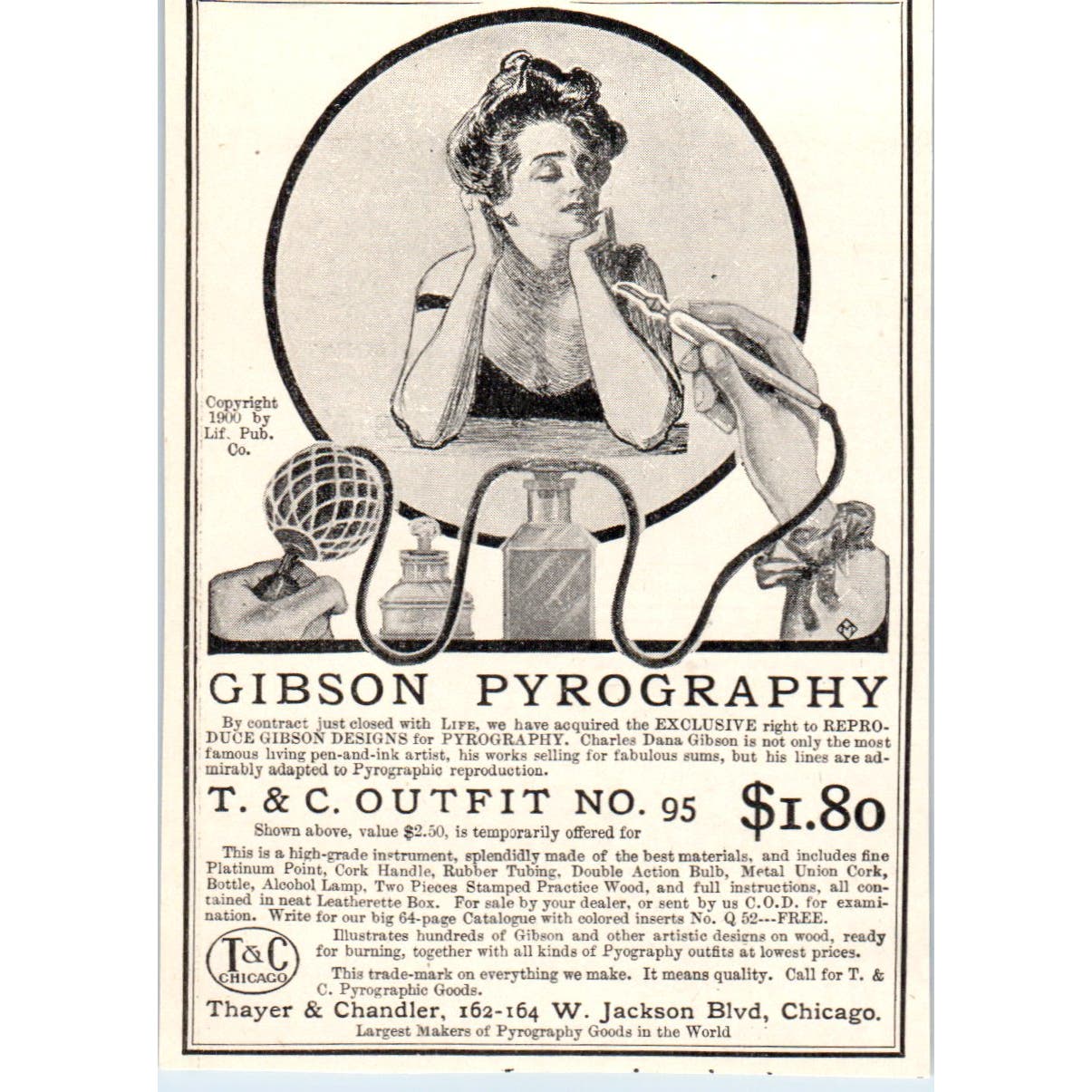 Gibson Pyrography Thayer and Chandler Chicago c1905 Victorian Ad AE9-MA7