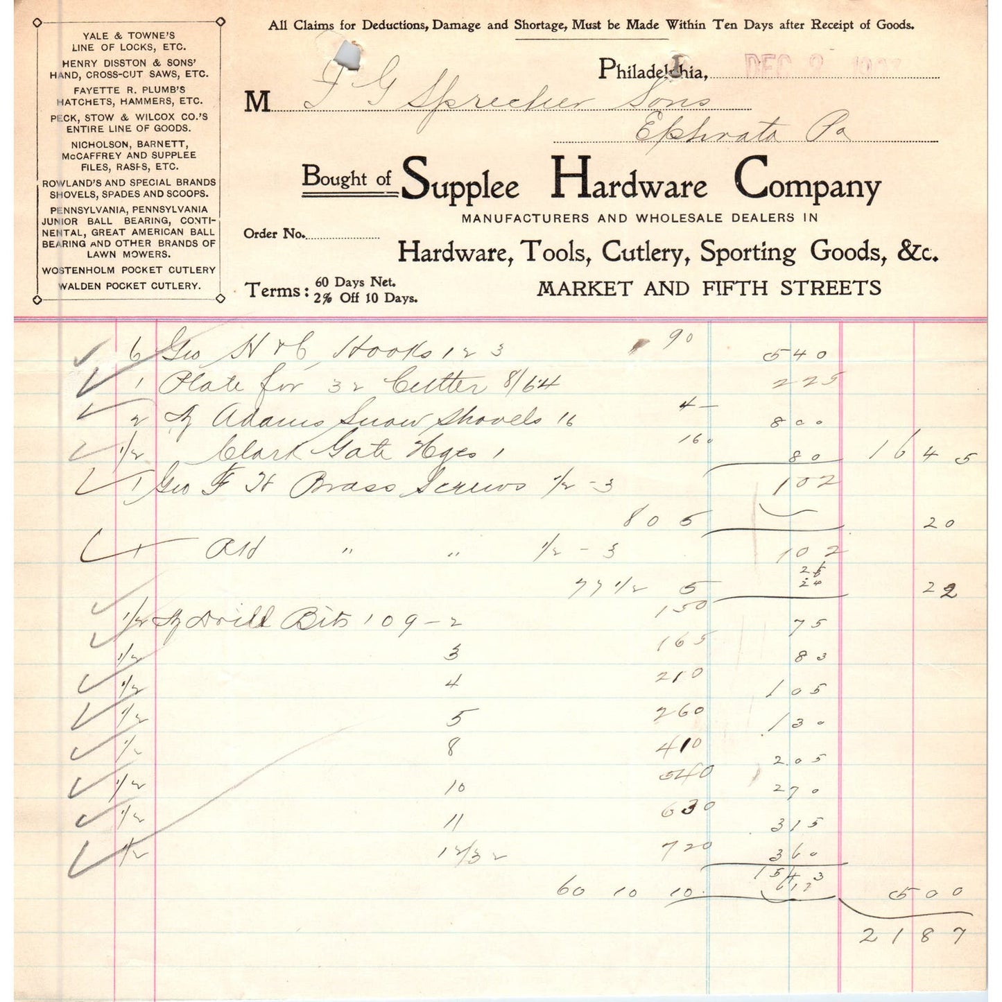 1907 Supplee Hardware Company Philadelphia Letterhead Billhead Receipt D11