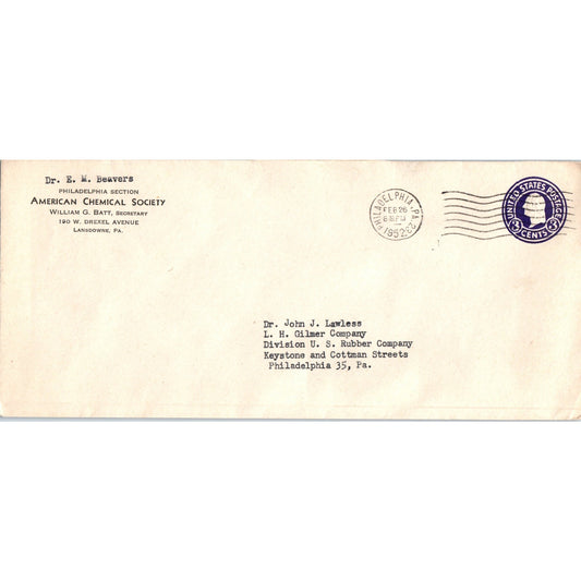 1952 Dr. E.M. Beavers to L.H. Gilmer Company Phila Postal Cover Envelope TH9-L1