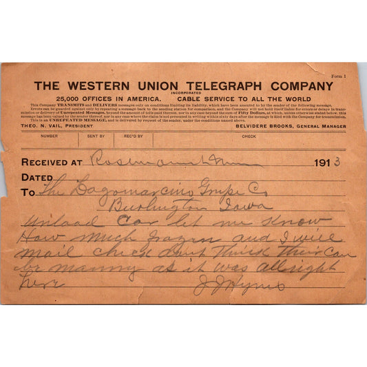 1913 Western Union Telegraph From Rosemount Minnesota to Burlington Iowa AJ4-1
