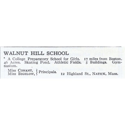 Walnut Hill School Conant Bigelow Natick MA c1918 Original Advertisement AE5-SA3