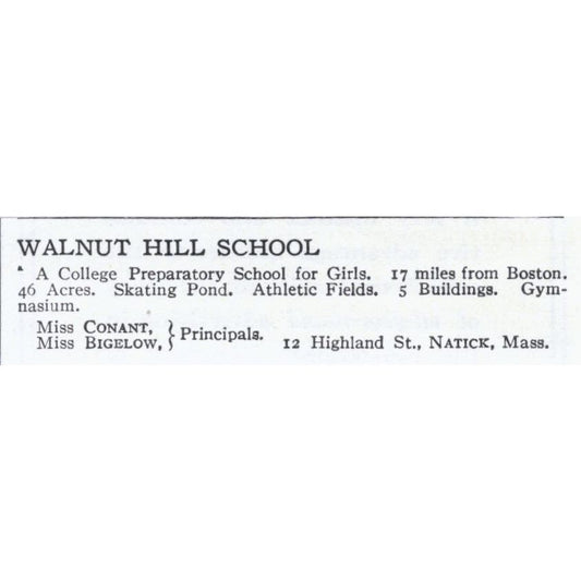 Walnut Hill School Conant Bigelow Natick MA c1918 Original Advertisement AE5-SA3