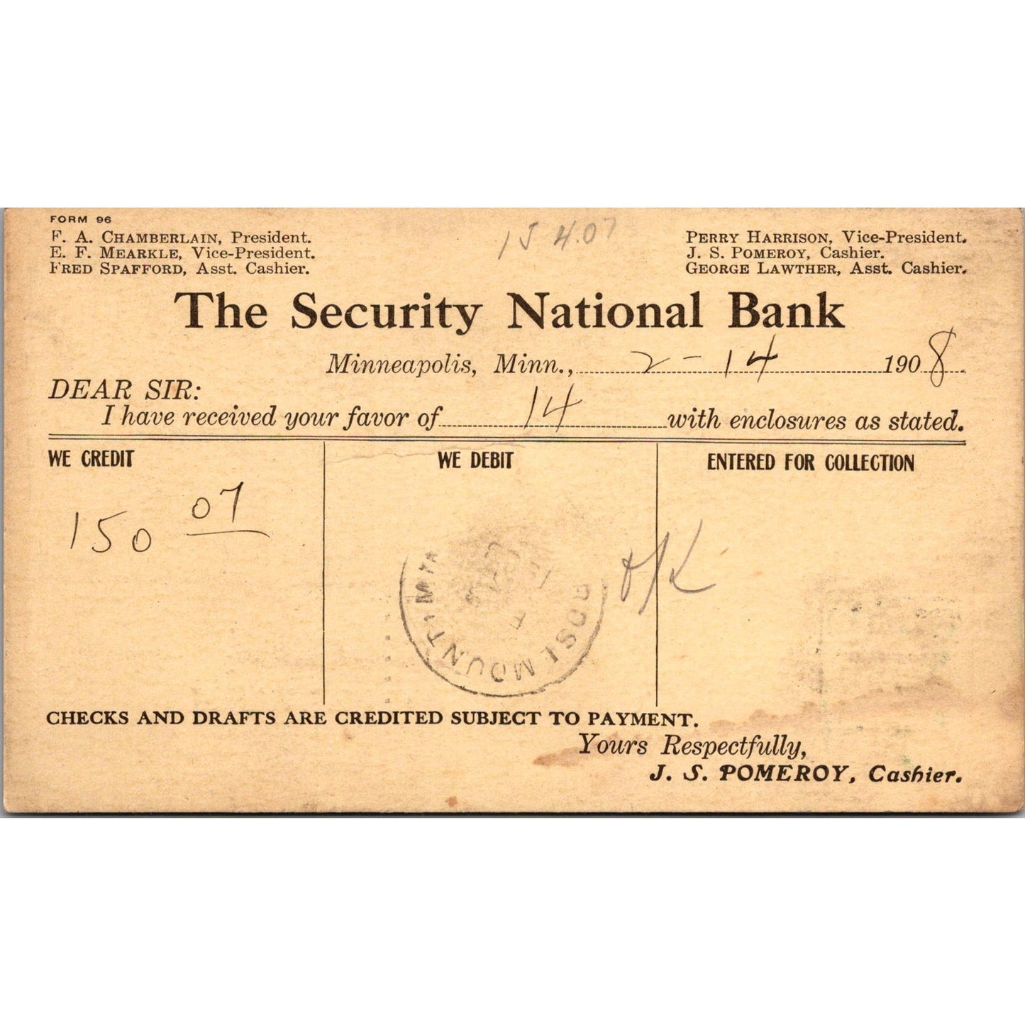 1908 The Security National Bank of Minnesota Postal Mailing Card AJ4-H2