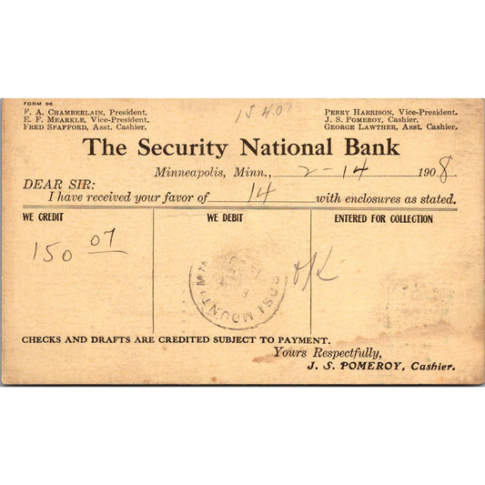1908 The Security National Bank of Minnesota Postal Mailing Card AJ4-H2
