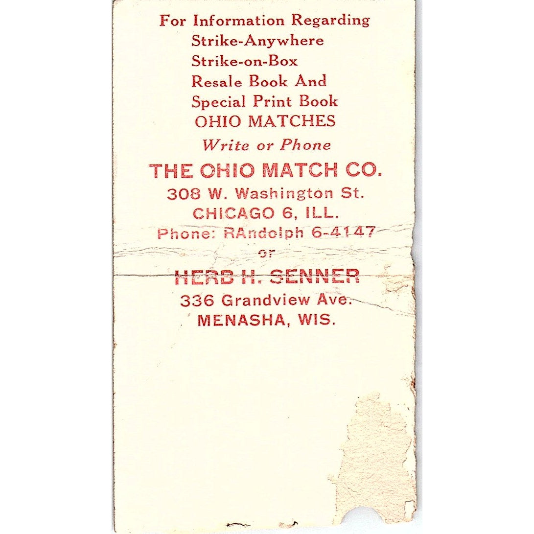 Herb H. Senner The Ohio Match Co Menasha WI Vintage Matchbook Cover SC7-Y3
