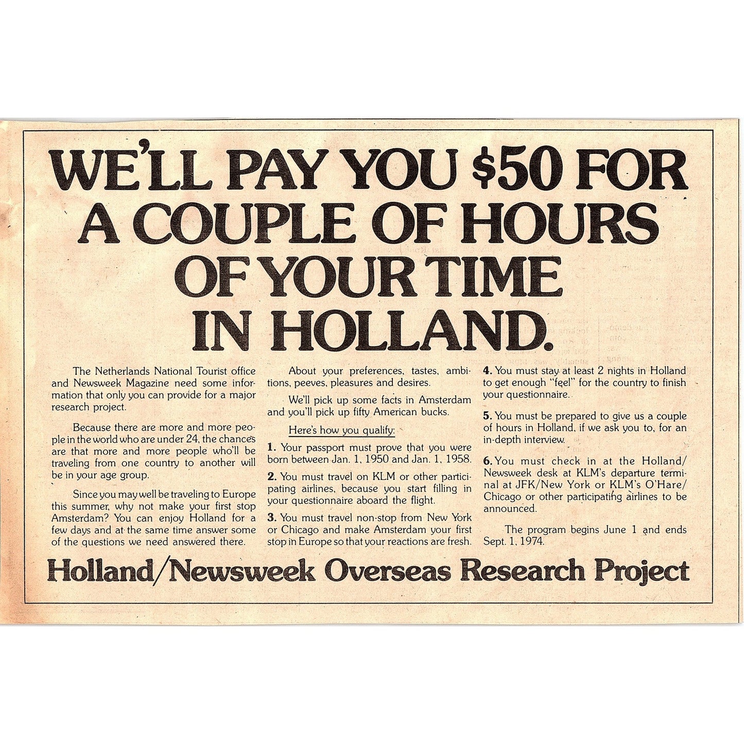 Holland Newsweek Overseas Research Project 6.5x9.5 1974 Ad AF6-18