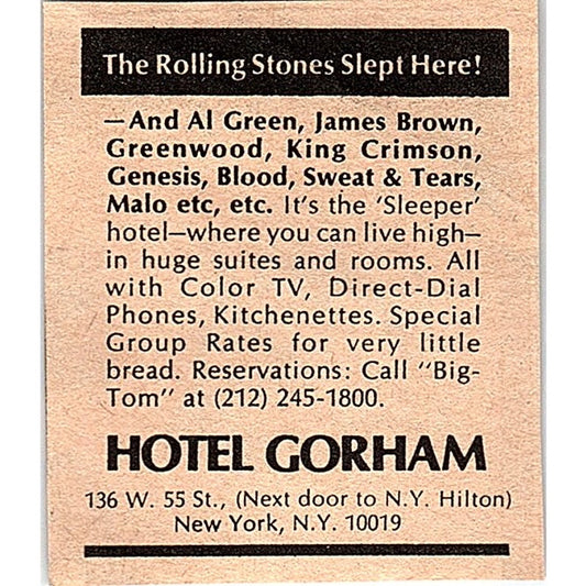 Hotel Gorham - The Rolling Stones Slept Here New York 2x2 1974 Ad AF6-M2