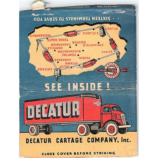 Decatur Cartage Company Trucking IN IL Vintage Large Matchbook Cover TH2-Y4