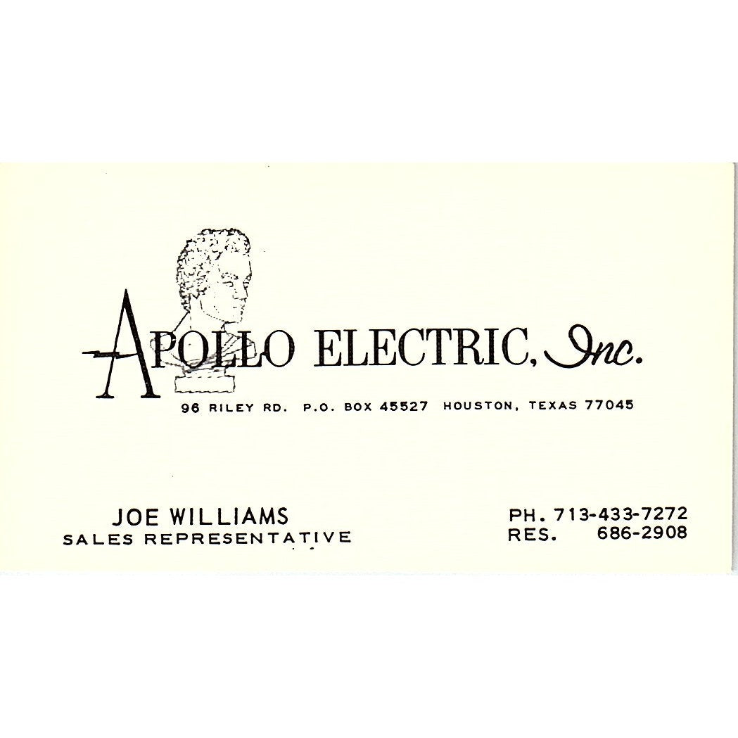 Apollo Electric Joe Williams Houston Texas Vintage Business Card SF3-B6