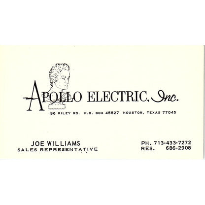 Apollo Electric Joe Williams Houston Texas Vintage Business Card SF3-B6
